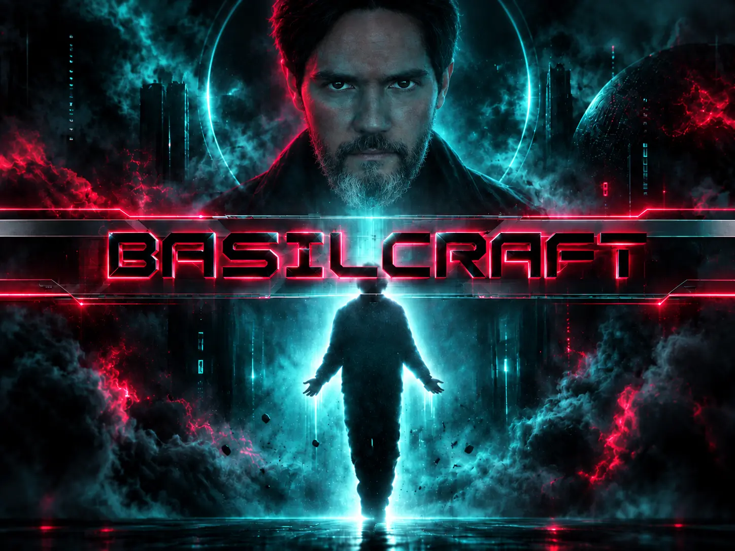 Basil Mogdalov in a neon-lit cyberpunk scene with the Basilcraft wordmark